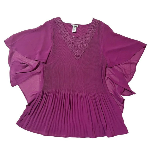 Catherine’s Top Size 1X 18 - 20 W Fuchsia Pink Micro Pleat Top Flutter Sleeves - Picture 1 of 11